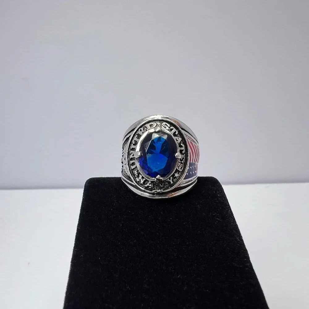 US Navy Ring Mens Size 10 Silver Tone Blue Stone Military American Patriotic